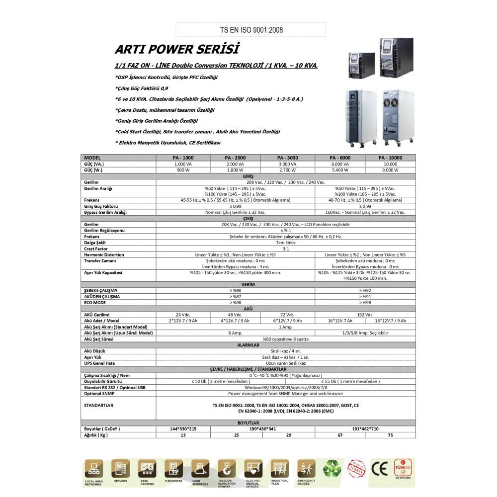 10KVA Online UPS 5-15dk Lcd (16x12V/9ah) 1.1 Faz On-Line Kesintisiz Güç Kaynağı UPS